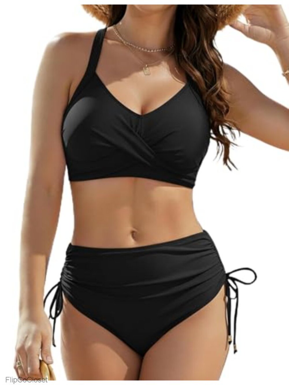 High Waisted Bikini Set Cross Halter V Neck Two Piece Swimsuit Side Drawstring